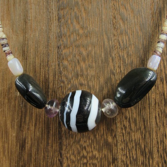 14" Sterling Silver Black Stones & Thin Cut Shell Necklace Vintage - Picture 1 of 6